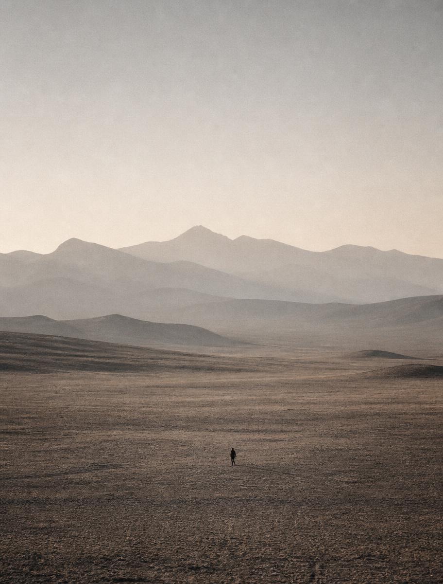 A lone figure crossing an open high-desert plain at first light